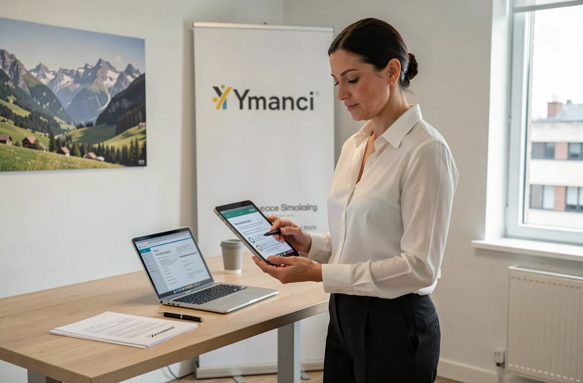 Une conseillère Ymanci consulte une simulation de crédit immobilier sur une tablette dans un bureau moderne